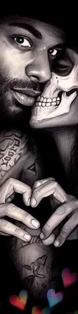 Free dark romance bookmark featuring heart-shaped fingers and a skull-like face